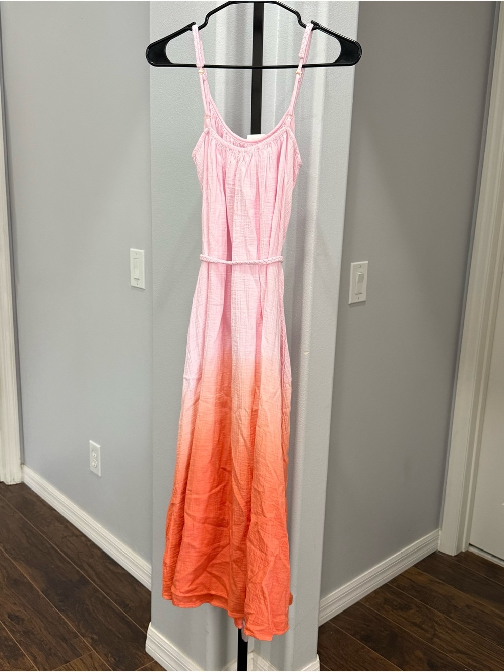 J. Crew Factory Pink to Orange Ombre Midi Dress Gauze Braided Vacation NWT XS - Picture 6 of 7